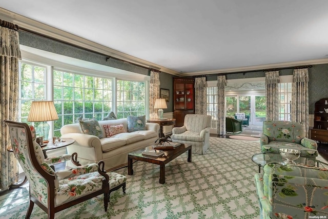 carpeted living room with crown molding