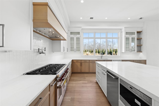 kitchen with light stone countertops, light wood-type flooring, custom range hood, sink, and double oven range