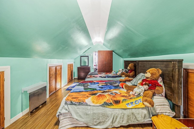 bedroom with lofted ceiling and hardwood / wood-style flooring