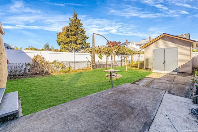 view of yard with a patio and a storage shed