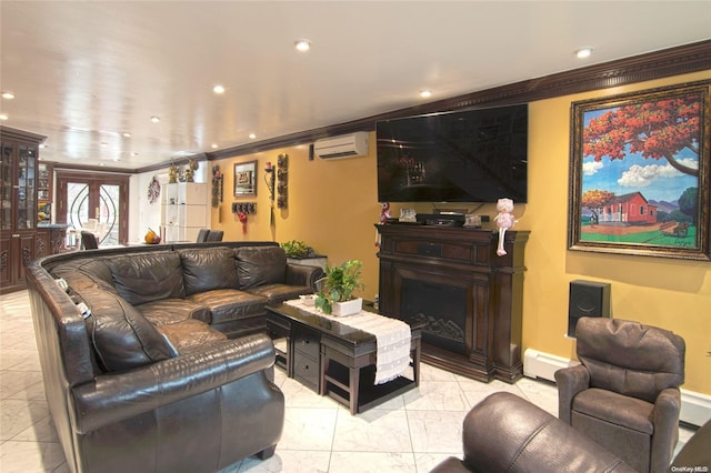 living room featuring an AC wall unit, crown molding, and a baseboard radiator