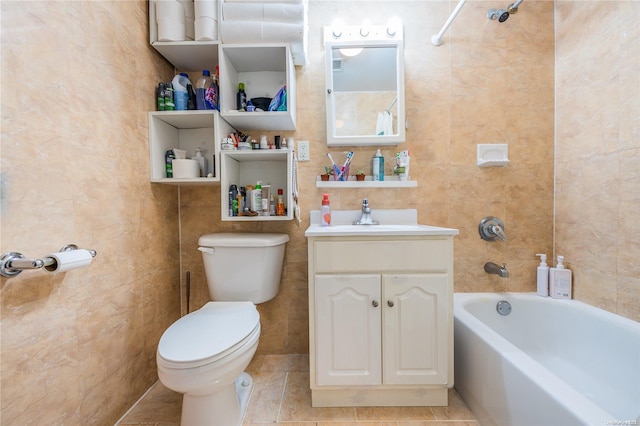 full bathroom featuring tile patterned flooring, vanity, and tile walls