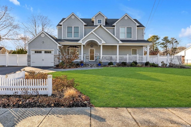 craftsman-style house with a garage, covered porch, and a front lawn