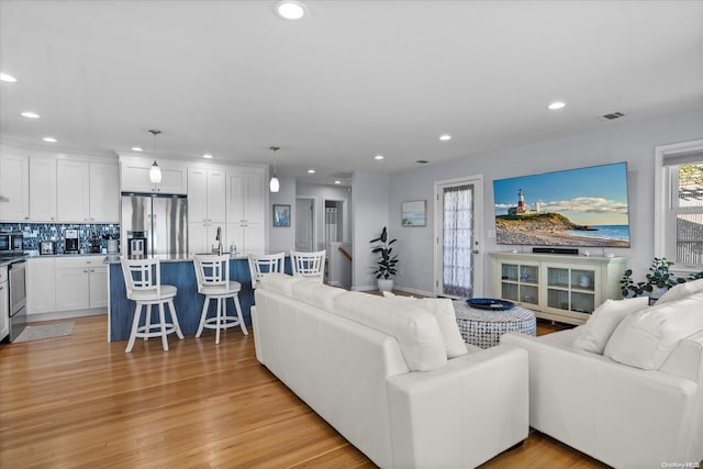 living room with light hardwood / wood-style flooring and sink