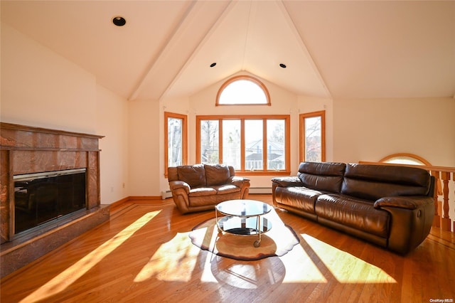 living room featuring a fireplace, wood-type flooring, plenty of natural light, and baseboard heating