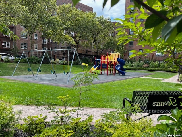 view of jungle gym with a yard