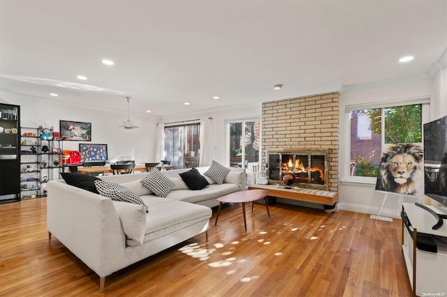 living room with a fireplace, crown molding, and light hardwood / wood-style flooring