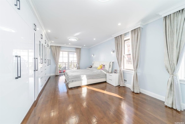 unfurnished bedroom featuring crown molding and dark hardwood / wood-style floors