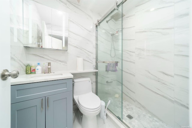 bathroom with decorative backsplash, toilet, walk in shower, and tile walls