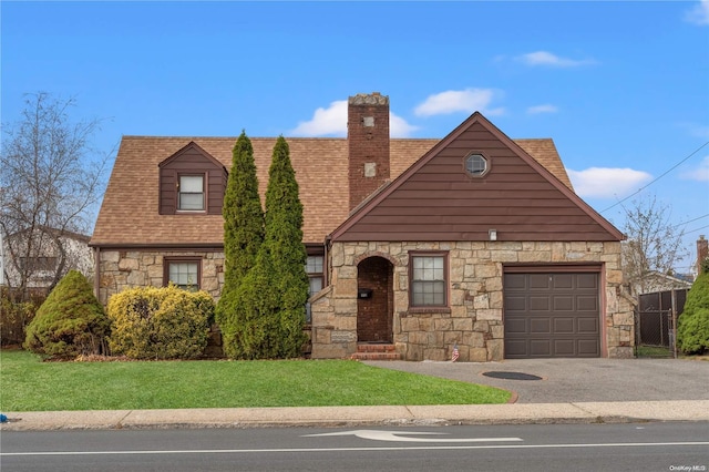 view of front of property featuring a garage and a front lawn