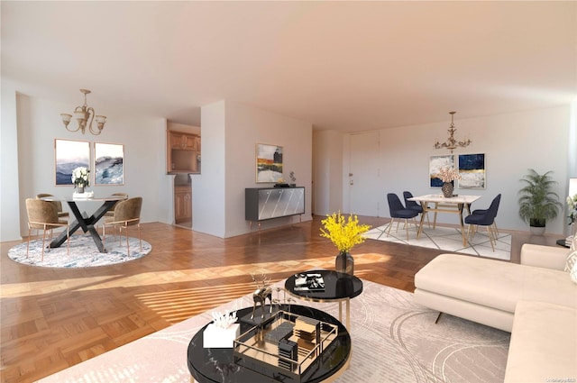 living room featuring light parquet flooring and a chandelier