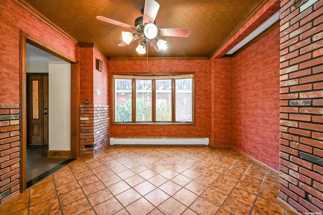 tiled empty room with ornamental molding, a textured ceiling, ceiling fan, and a baseboard heating unit