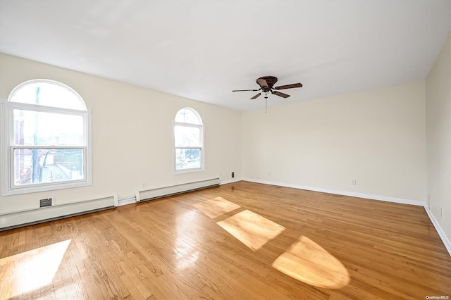 unfurnished room featuring ceiling fan, baseboard heating, and light hardwood / wood-style flooring