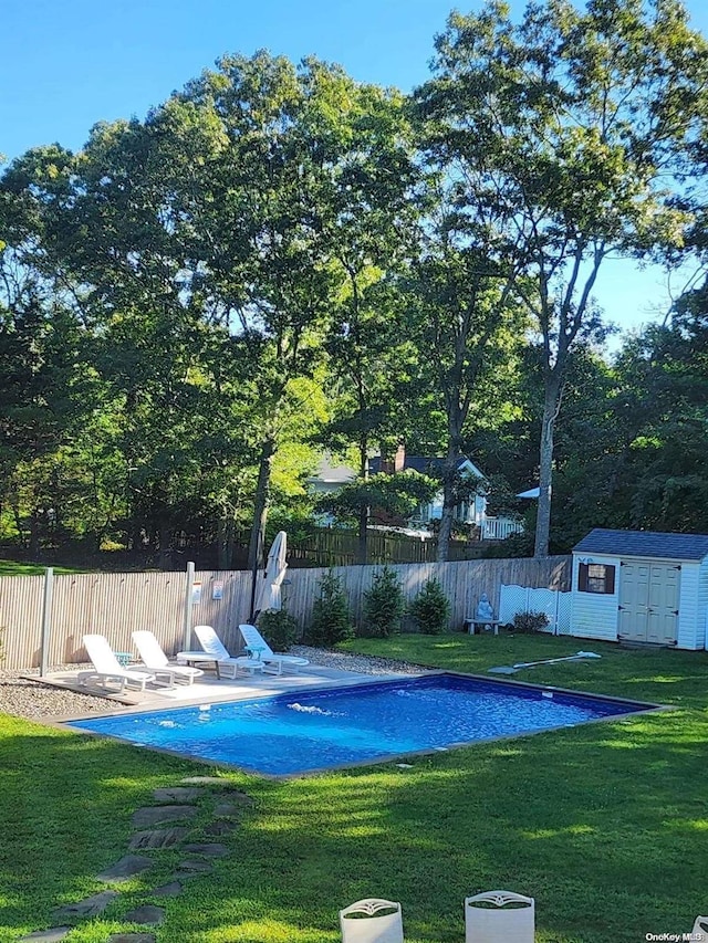 view of pool with a storage unit, a yard, and a patio