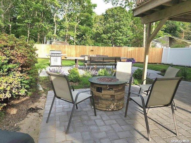 view of patio / terrace featuring a fire pit and a grill