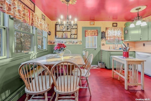 529 Birch Hollow Dr, Shirley, NY 11967 - dining area featuring a chandelier, a baseboard radiator, and concrete floors