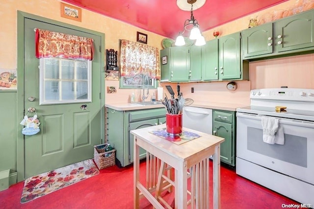 529 Birch Hollow Dr, Shirley, NY 11967 - kitchen featuring white appliances, green cabinets, light countertops, and decorative light fixtures