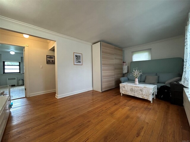 13 W Mill Dr Unit 3A, Great Neck, NY 11021 - living area featuring radiator heating unit, hardwood / wood-style floors, ornamental molding, and baseboards