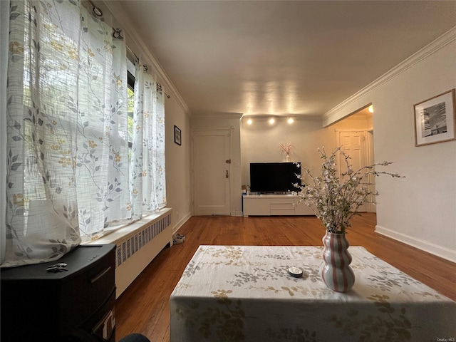 13 W Mill Dr Unit 3A, Great Neck, NY 11021 - living area with radiator, ornamental molding, wood finished floors, and baseboards