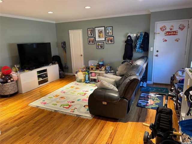 living room featuring hardwood / wood-style floors and ornamental molding