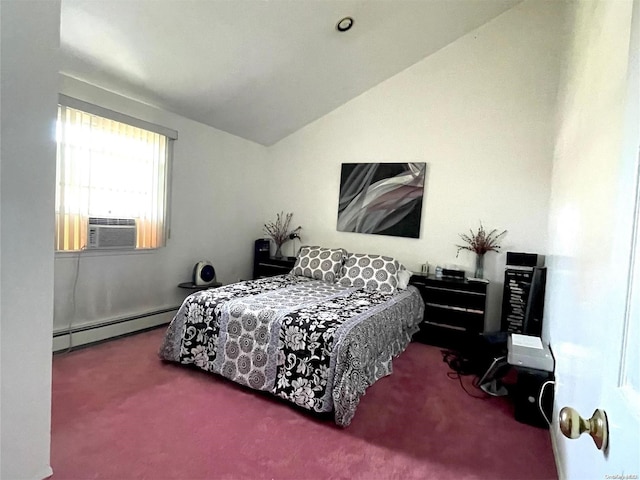 carpeted bedroom featuring lofted ceiling, cooling unit, and a baseboard heating unit