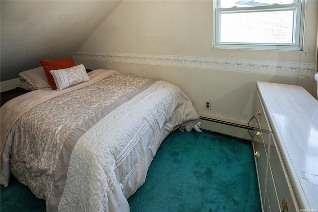 bedroom with dark colored carpet, baseboard heating, and lofted ceiling