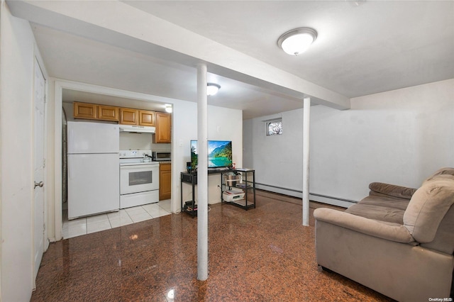 kitchen featuring beam ceiling, white appliances, and a baseboard heating unit