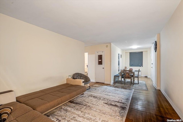 living room featuring dark hardwood / wood-style flooring and radiator heating unit