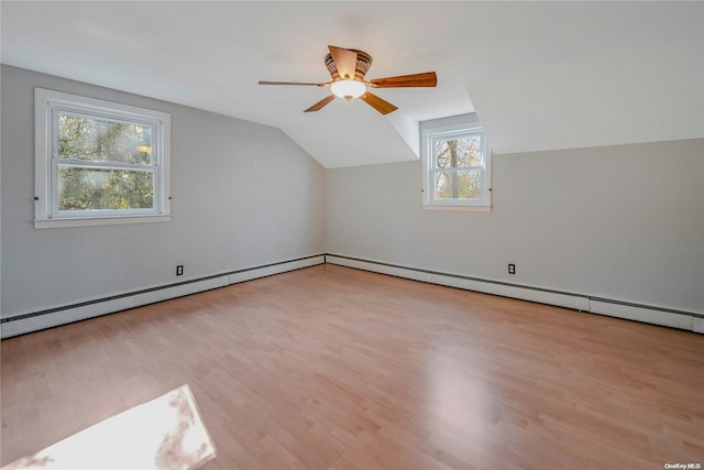 additional living space with ceiling fan, light wood-type flooring, and lofted ceiling