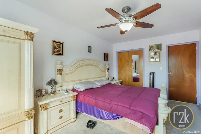 bedroom with carpet flooring and ceiling fan