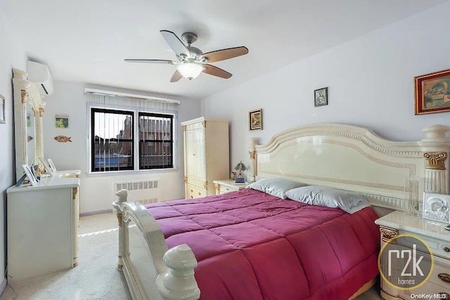 bedroom with a wall mounted AC, light colored carpet, radiator, and ceiling fan