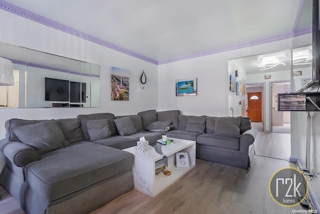 living room featuring wood-type flooring and crown molding