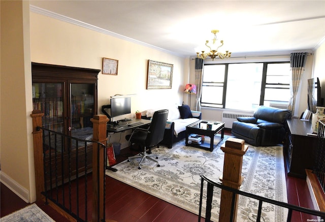 home office with radiator, crown molding, wood-type flooring, and an inviting chandelier