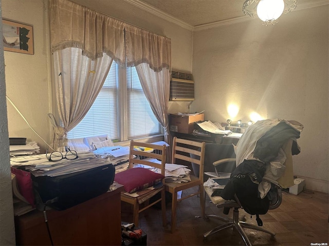 bedroom featuring a wall mounted air conditioner and ornamental molding