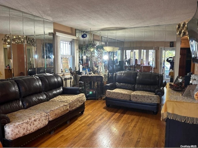 living room with hardwood / wood-style flooring, a healthy amount of sunlight, and a textured ceiling