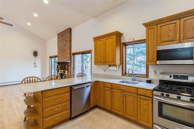 kitchen with sink, light wood-type flooring, a fireplace, kitchen peninsula, and stainless steel appliances