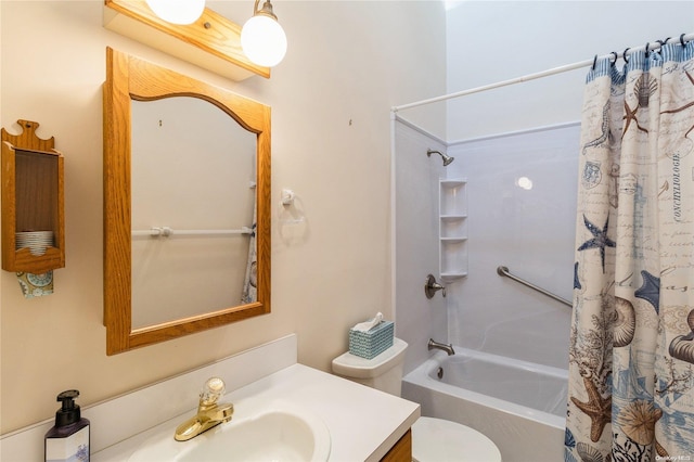 full bathroom with shower / bath combination with curtain, toilet, and vanity