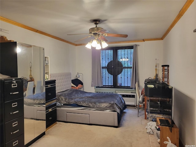 carpeted bedroom featuring ceiling fan and ornamental molding