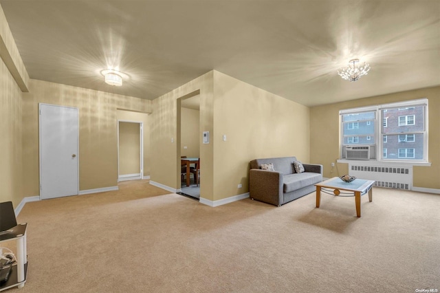 carpeted living room featuring cooling unit and radiator heating unit