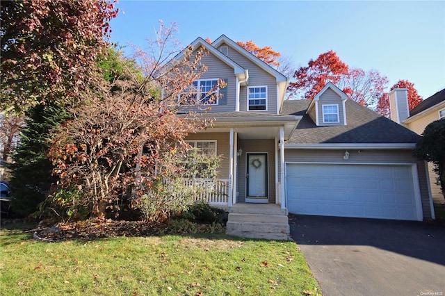 view of front facade featuring a front yard, a garage, and covered porch