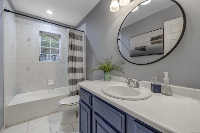 full bathroom with vanity, shower / tub combo with curtain, tile patterned floors, and toilet