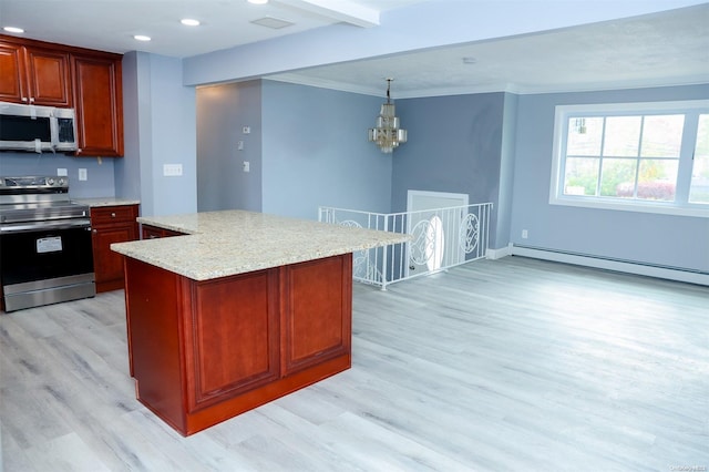 kitchen featuring stainless steel appliances, light stone counters, light hardwood / wood-style flooring, beamed ceiling, and a notable chandelier