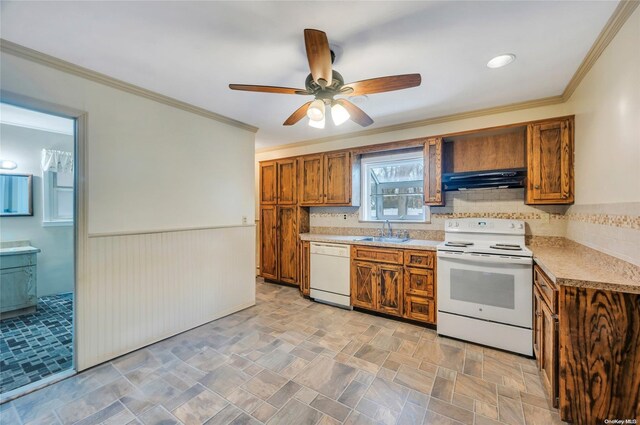 43 2nd St, Ronkonkoma, NY 11779 - kitchen featuring white appliances, a sink, brown cabinets, ceiling fan, and under cabinet range hood