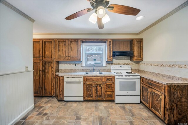 43 2nd St, Ronkonkoma, NY 11779 - kitchen with white appliances, under cabinet range hood, a sink, crown molding, and ceiling fan
