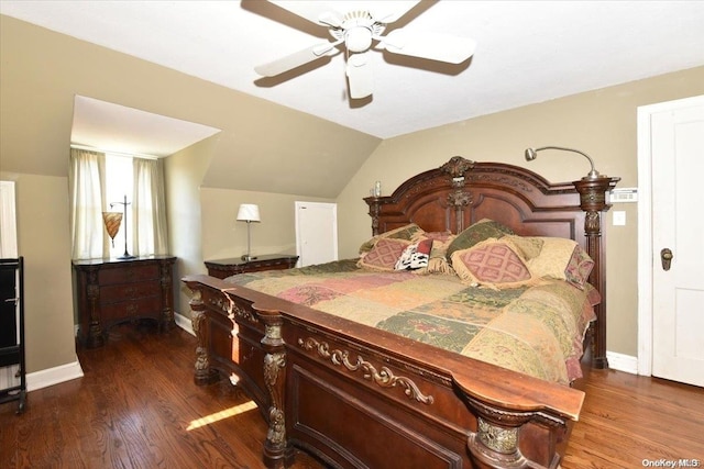 bedroom featuring vaulted ceiling, ceiling fan, and dark hardwood / wood-style floors