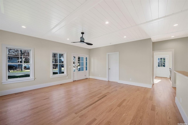 unfurnished living room featuring beamed ceiling, ceiling fan, light hardwood / wood-style floors, and wooden ceiling