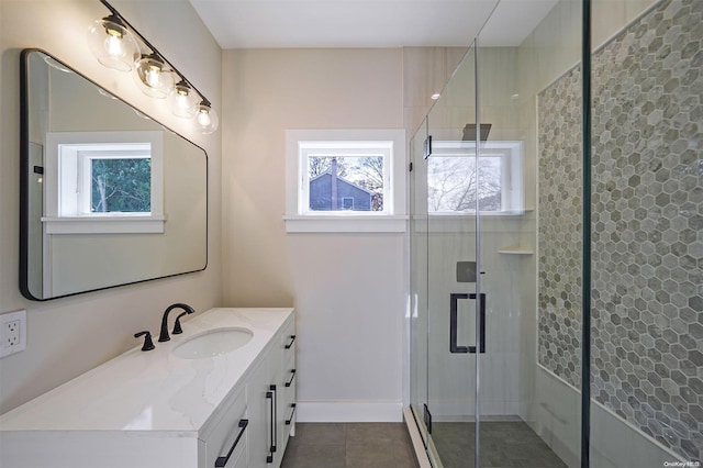 bathroom featuring tile patterned floors, vanity, and walk in shower