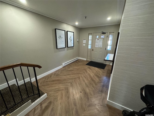 entryway featuring dark parquet flooring, crown molding, and a baseboard heating unit