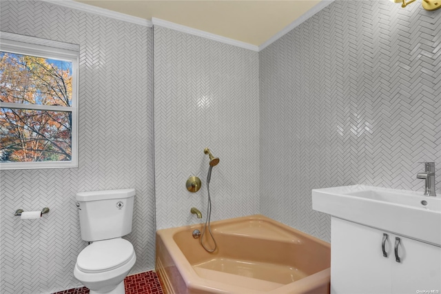 bathroom with a bathing tub, crown molding, and a wealth of natural light