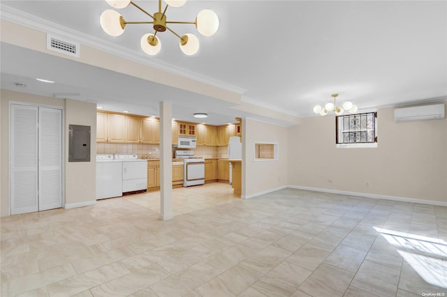 unfurnished living room with electric panel, crown molding, a wall mounted AC, and a notable chandelier